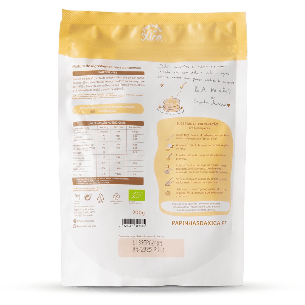 Preparado de panquecas: alfarroba, banana e cacau