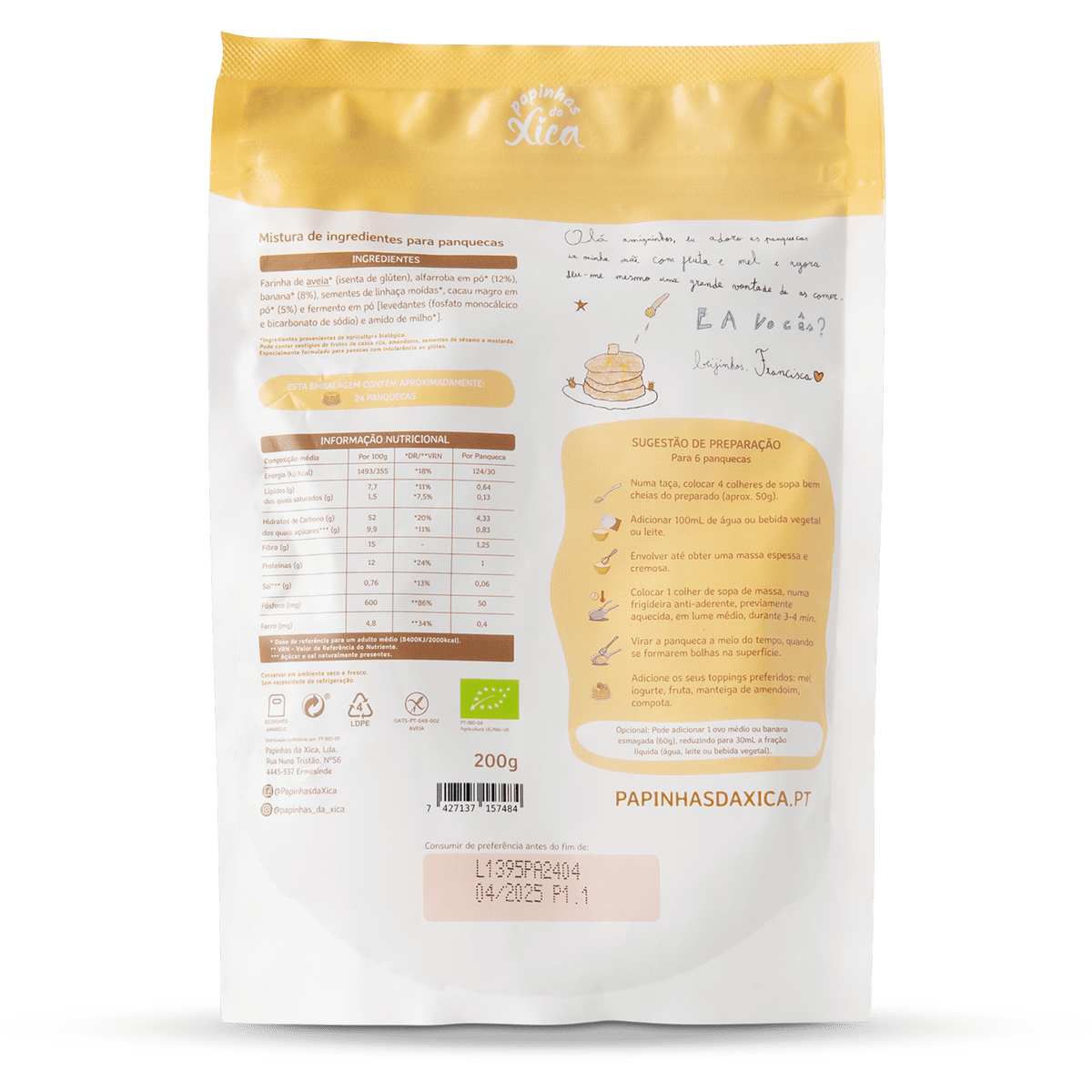 Preparado de panquecas: alfarroba, banana e cacau