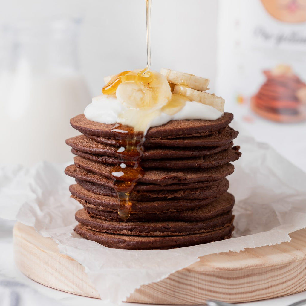 Preparado de panquecas: alfarroba, banana e cacau